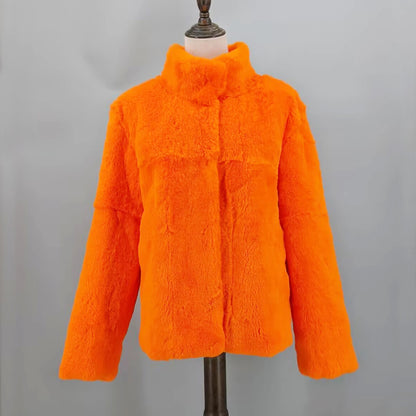 Women Real Rabbit Fur Coat High Collar Winter Jacket Make of One Rabbit Fur Cross Mink Pattern
