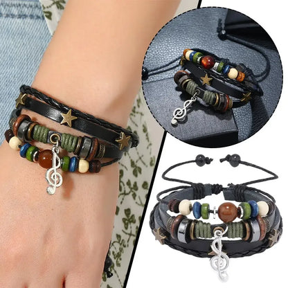 High-end Men And Women Beads Leather Bracelet Vintage Bracelet Bracele Bracelet Star Note Bracelet Musical Adjustable Multi F9J3