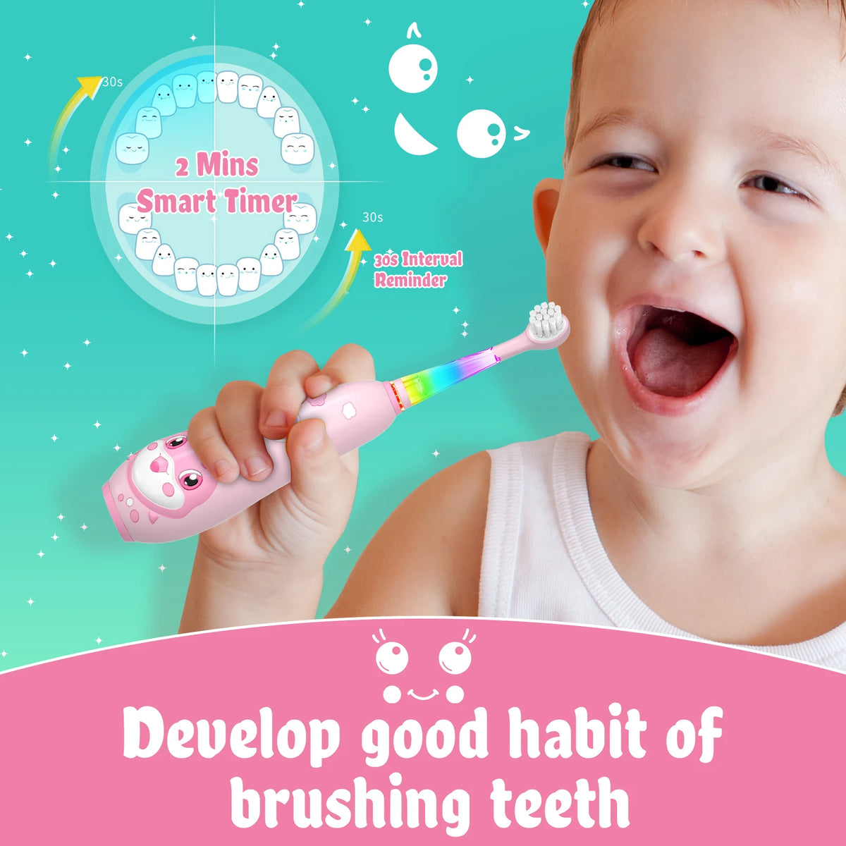 Seago Kids Electric Toothbrush Child Dolphin Colorful Observing LED 2 Mins Smart Timer IPX7 Waterproof Teeth Cleaning