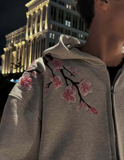 2025 Autumn/Winter Fashion Cherry Blossom Embroidery Patch Zipper Hoodie for Men and Women Y2K Harajuku Retro Gothic Casual Clow