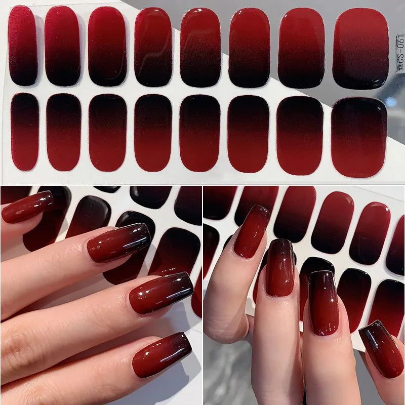 14/16Tips Full Cover Gradient Nail Stickers Multi Color Self Adhesive Slider No Need UV Lamp Cured Press ON Nail Decal