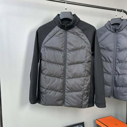 90 white duck down three-proof fabric men's down jacket, stand-up collar knitted patchwork sports outdoor winter coat