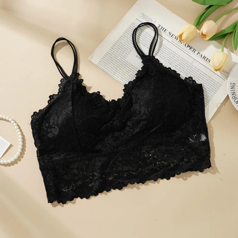 Lace Flower Suspender Top for Women Sexy Hollow Skin-friendly Solid Color Removable Pad Wireless Bra