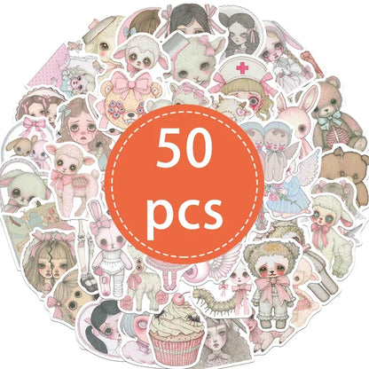 50PCS Pink Creepy Girl Stickers Gothic Horror Decals Bizarre Graffiti Art for DIY Decoration