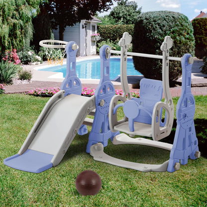 Anajqaqia 4-in-1 Children's Slide and Swing Set with Climbing Ladder & Basketball Hoop, Indoor Outdoor Toddler Play Centre, Blue