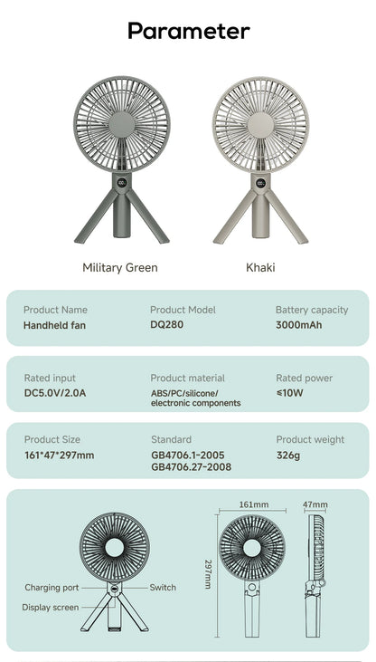 XIAOTREE Portable Handheld Rechargeable Fan LED Digital Display 180°Adjustable Rechargeable Fan 4 Speed Wind Camping Tripod Fan
