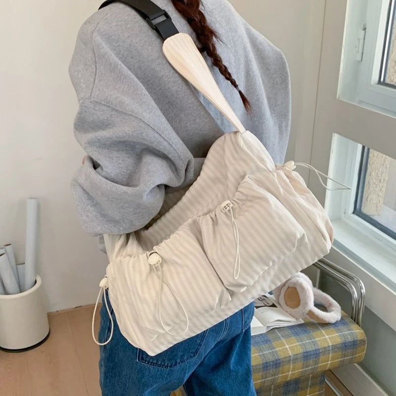 Korean Nylon Shoulder Bag Fashion Simple Plaid Zipper Tote Bag Drawstring Pleated Cloud Bag New Commuter Crossbody Shoulder Bag