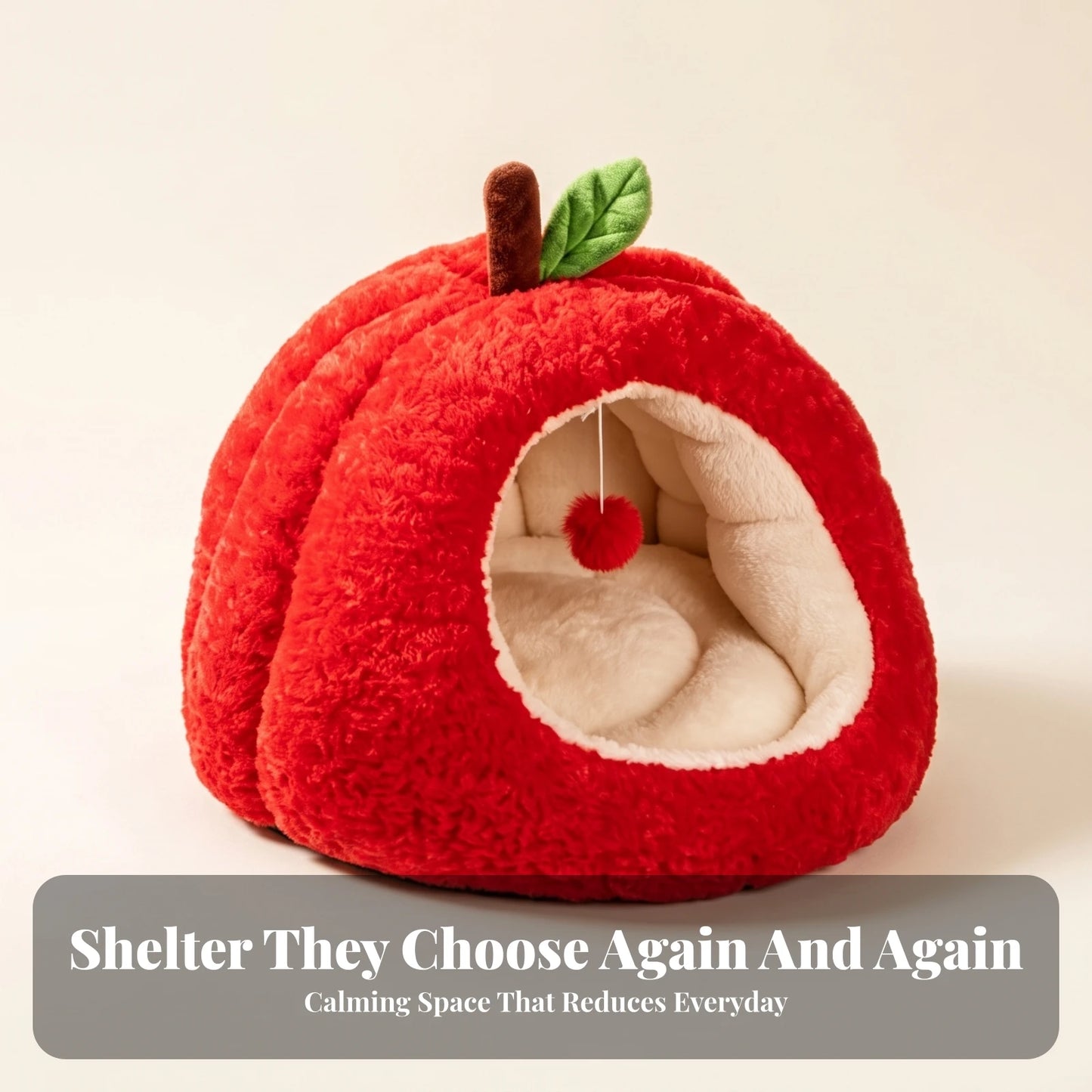 Apple-Shaped Pet Bed Cozy Enclosed Pet Bed with Removable Cushion Hideaway Cat House Warm Cat House with Cushion Soft for Cats