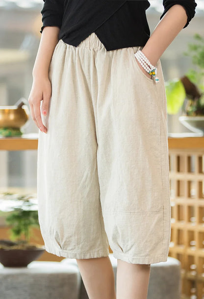 Johnature Women Solid Color Linen Casual Shorts 2025 Summer New Elastic Waist Striped Shorts