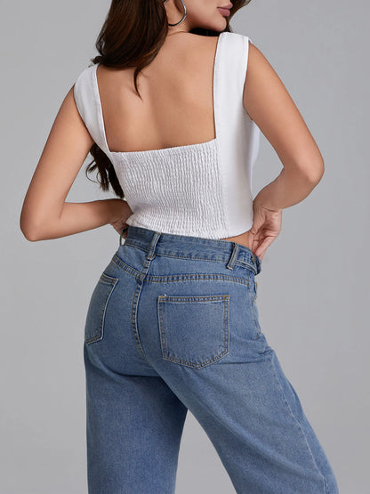 Summer Denim Tank Tops Women Slim Fit Square Neck Backless Back Shirred Sleeveless Button Down Crop Tops for Party Club Night