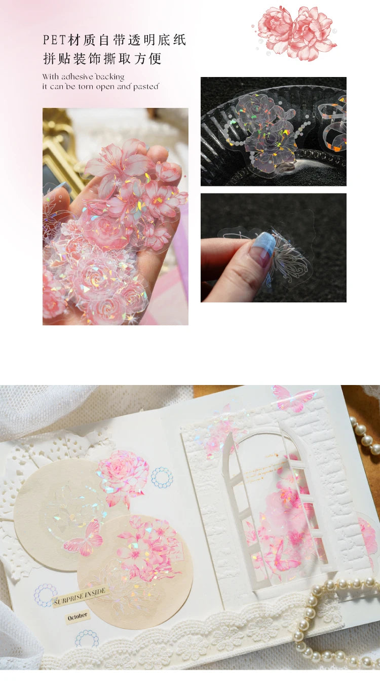30pcs PET Transparent Stickers Plant Flowers Decorative Labels Scrapbooking Collage Material Diary Stationery Supplies