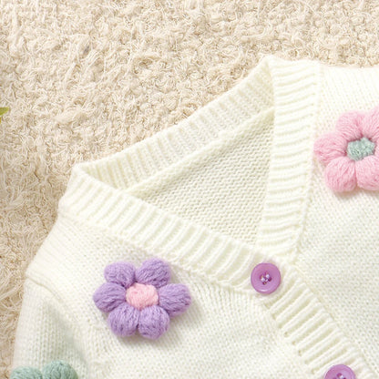 Winter Baby Girls Floral Clothes White V Neck Long Sleeve Sweaters Cardigans+Leggings Newborn Infant Outfits Sets 2pc Sport Suit