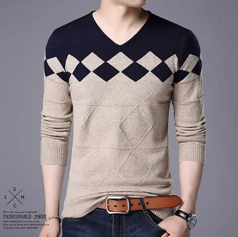 Autumn Winter New Men V-neck Pullover Sweaters Plaid Casual Korean Clothing Tees Fashion Slim Long Sleeve Bottoming Knitted Tops