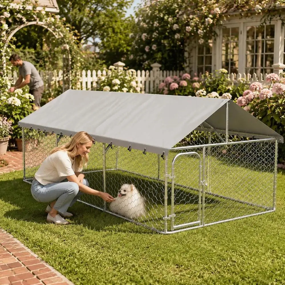 Outdoor Dog Kennel 400 x 200 x 150 cm Galvanised Steel Structure With Lockable Door Ventilated Roof For Pets Animals