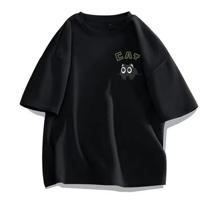 【 M-8XL 】 Summer Limited Edition Men's Oversized T-shirt Korean Casual Loose Style Anime Black Cat Print T-shirt