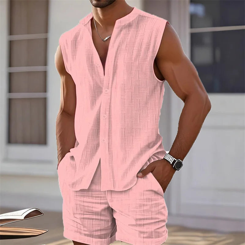 2025 New Men's Vest Shirt, Sleeveless Top and Shorts Plaid Two-Piece Set, Casual Trendy Sleeveless Shorts Hawaiian Beach Set