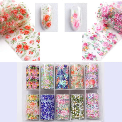 10 Patterns New Metal Nail Foils for Transfer Paper Stickers Floral Chameleon Nails Wraps DIY Water Marble Nail Art Decorations
