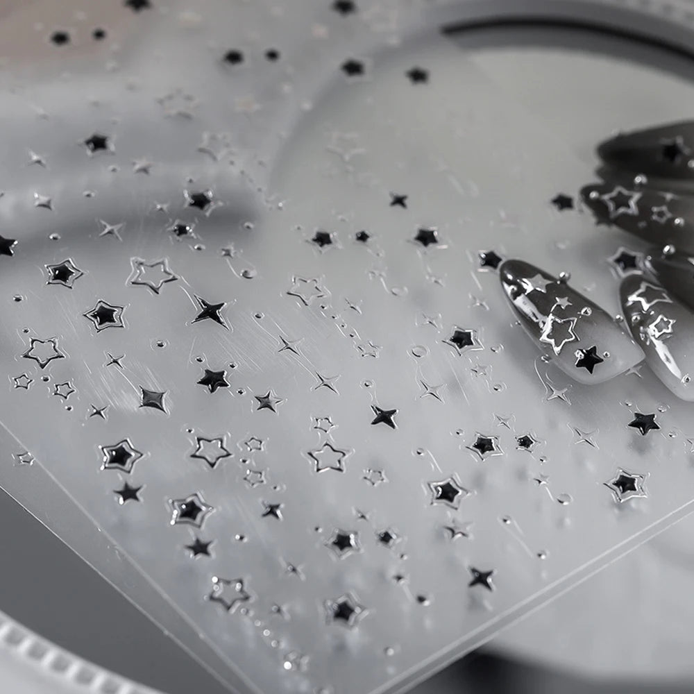 5D Luxury Star Nail Stickers for Nail Art Stars Black Silver Nail Decals Gilding Hollow Out Five-Pointed  Nail Art Design Slider