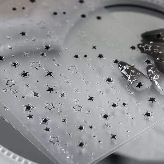 5D Luxury Star Nail Stickers for Nail Art Stars Black Silver Nail Decals Gilding Hollow Out Five-Pointed  Nail Art Design Slider