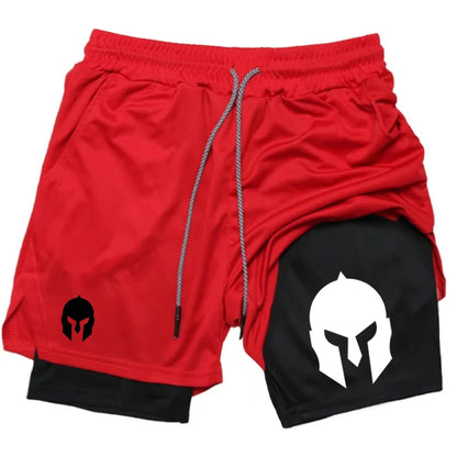 Men's Spartan Helmet Print Double Layer Gym Shorts, 2-in-1 Athletic Workout Running Casual Streetwear Short Pants WX099