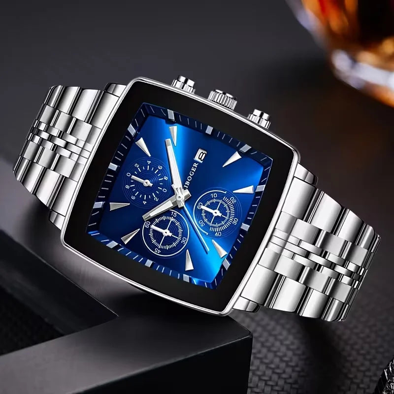 Luxury Square Dial Men Quartz Wristwatch Fashion Stainless Steel Man Business Watches With Calendar Reloj Hombre (Without Box)