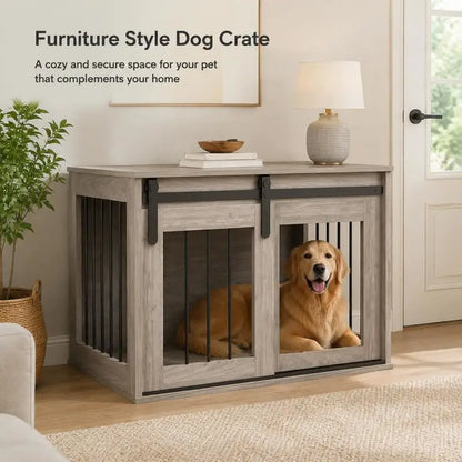 Cage Caisse for Dog Animals Interior Sliding Door, Metal Effect Wood, Dim. 57H X 80W X 54L cm