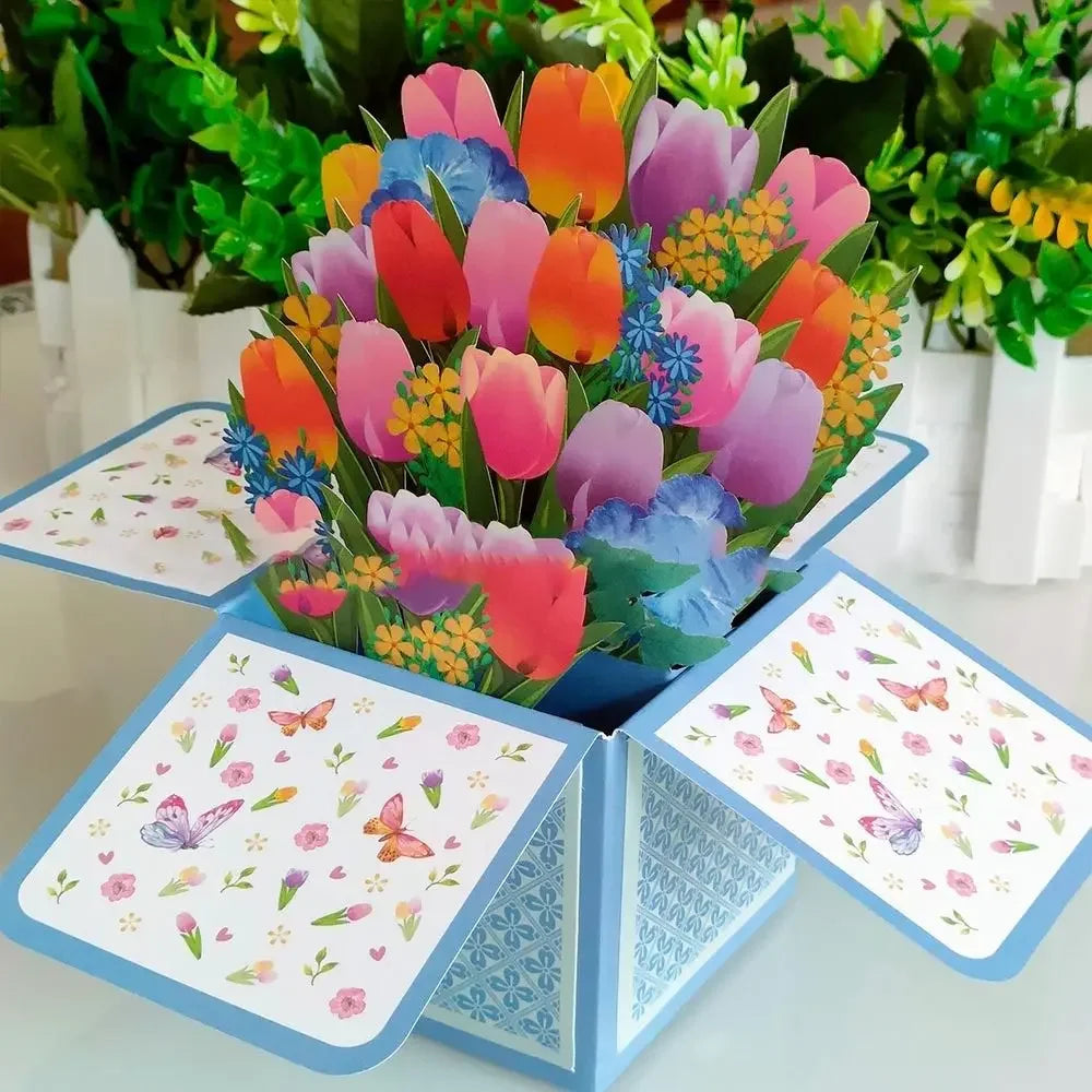 Pop Up 3D Greeting Card Paper Flowers Bouquet Postcard for  Birthday Mothers Father's Day Graduation Wedding Valentine's Day