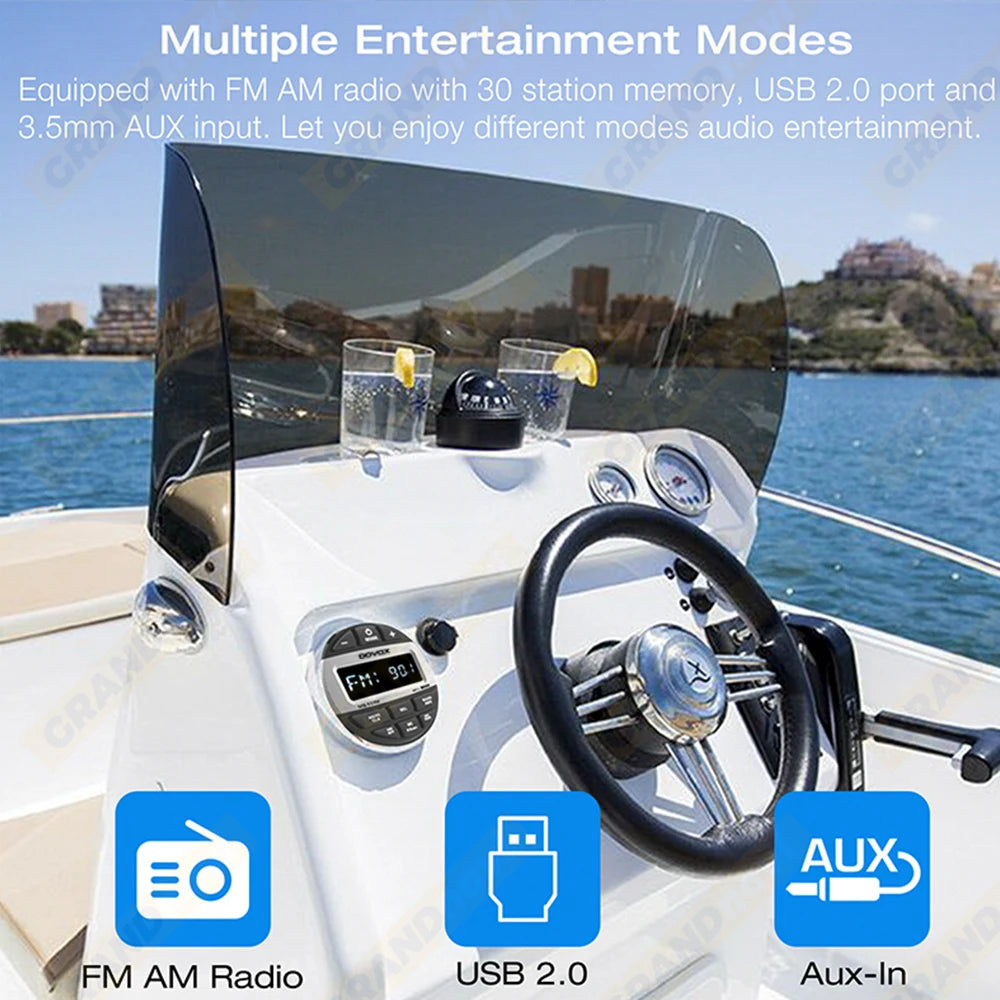 GRANDnavi Waterproof Bluetooth Marine Stereo Radio FM/AM Digital Media Audio Player for Boat Yacht ATV UTV Cart Motorcycle