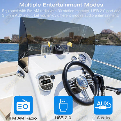 GRANDnavi Waterproof Bluetooth Marine Stereo Radio FM/AM Digital Media Audio Player for Boat Yacht ATV UTV Cart Motorcycle