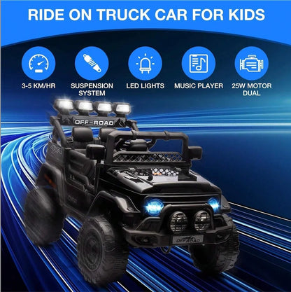 HAUSPROFI 12V Off-Road Ride-On Electric Car Toys for 3+ Years,With LED Lights,Remote Control,Seat Belt ,Bluetooth, 3-Speeds, Suspension
