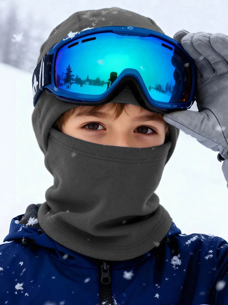 Winter Kids Hat Full Face Warm Hood Windproof Cap Solid Color Fleece Hats Girls Boys Outdoor Ski Mask Neck Ear Protect Accessory
