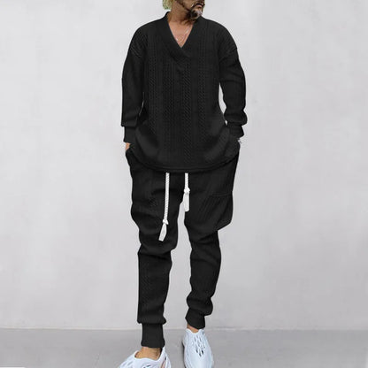 2025 Cross-border New Men's Casual Trousers V-Neck Versatile Jacquard Knitted Sweater Set