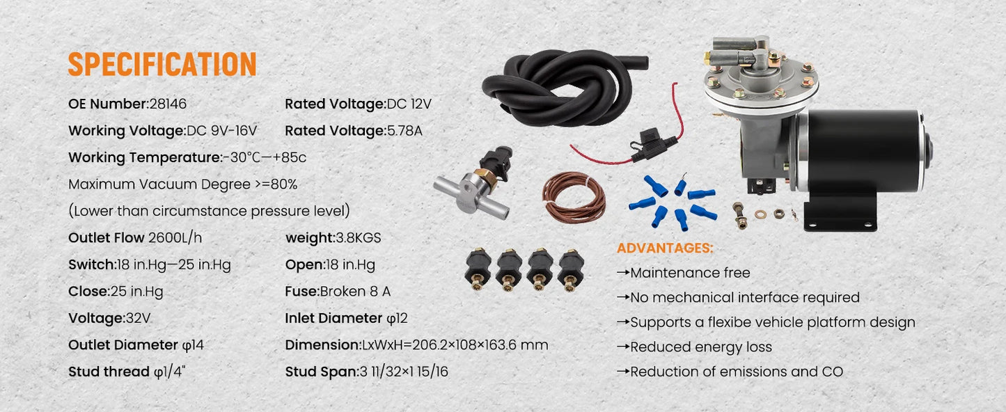 Electrical Vacuum Pump Kit  18" to 22" for Power Brake Booster with  relay vacuum pressure switch/ hose mounting hardware kit.