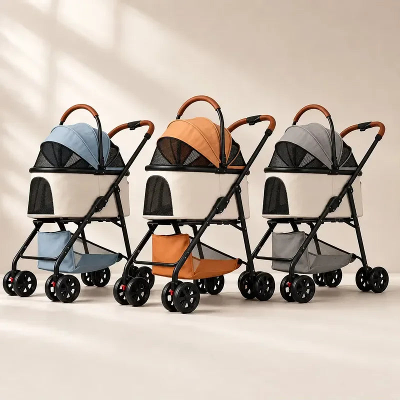 Foldable Pet Stroller Detachable Cabin Large Lower Basket Breathable Mesh Canopy For Cats Small Dogs Portable Travel Carrier