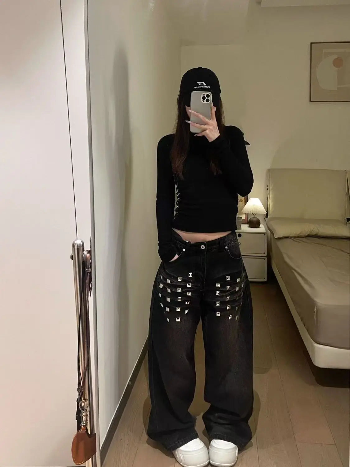 American Retro Washed Rivet Wide Leg Jeans Women Autumn and Winter New Loose Casual Slim Straight Pants