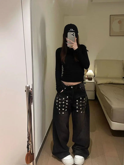 American Retro Washed Rivet Wide Leg Jeans Women Autumn and Winter New Loose Casual Slim Straight Pants