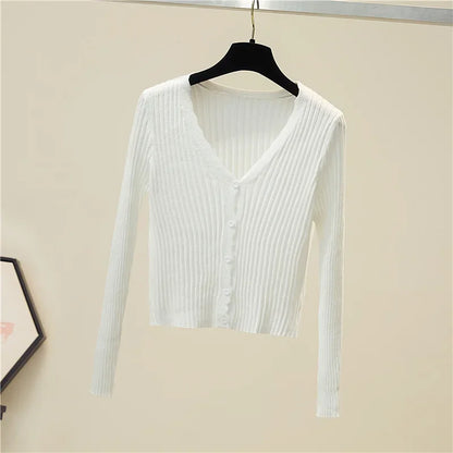 Women Ribbed Crew Neck Cardigan Sweater Pastel Pink Purple Long Sleeve Fitted Crop Knitted Jacket Spring Fall