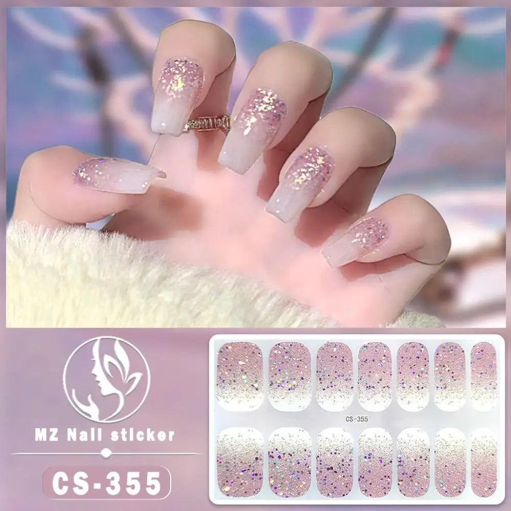 14Tips Semi Cured Gel Nail Stickers Foil Glittering Nail Art Stickers Self-Adhesive Simple Gel Full Nail Wraps