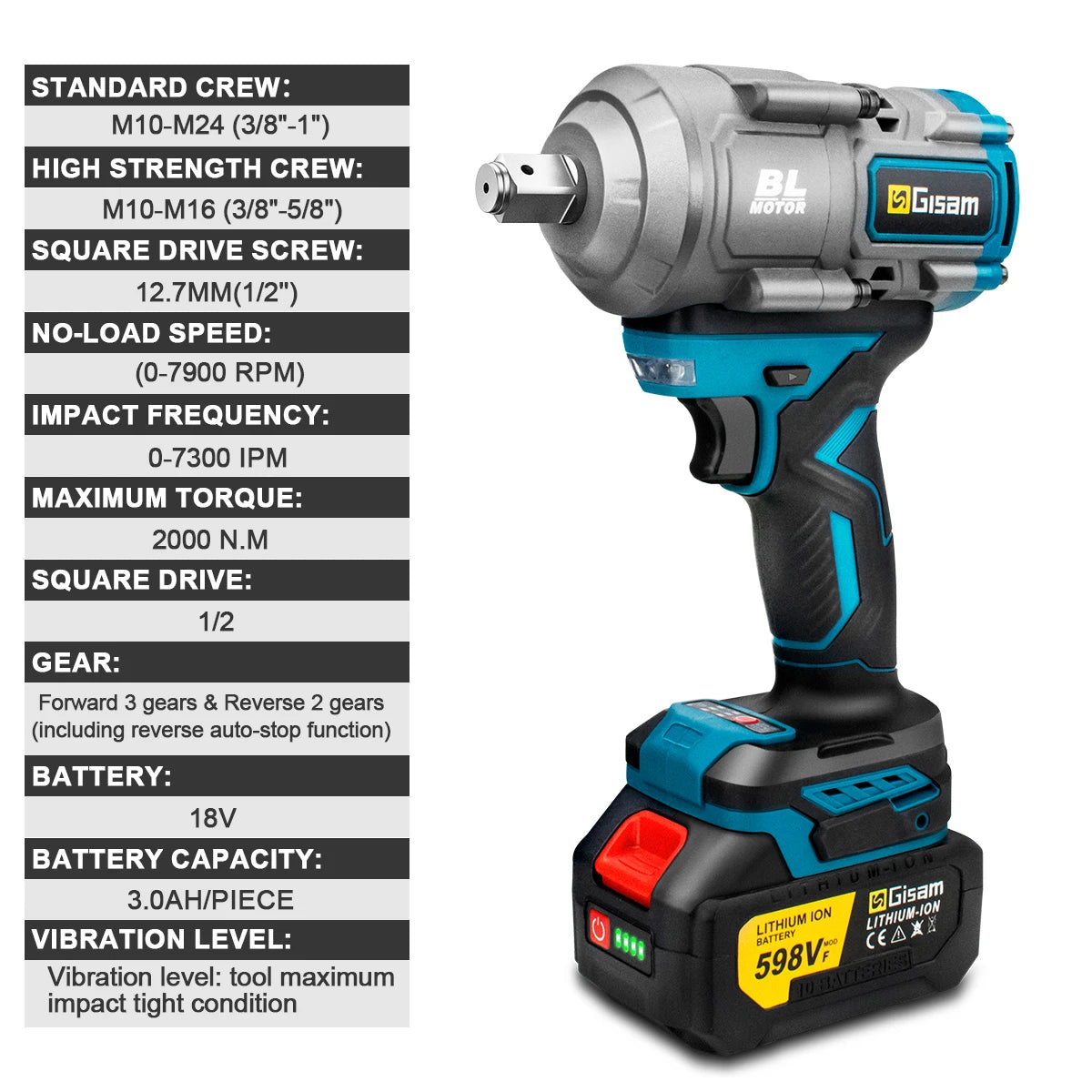 Gisam 2000N.M Torque Brushless Electric Impact Wrench 1/2 inch Screwdriver Cordless Wrench Power Tool For Makita 18V Battery Pin