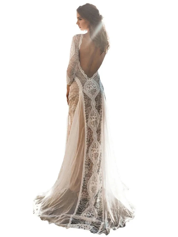 Foreign Style Evening Dress Woman's Sexy Lace Patchwork Backless Wedding Dresses Ladies Elegant Long Sleeves Party Prom Vestidos