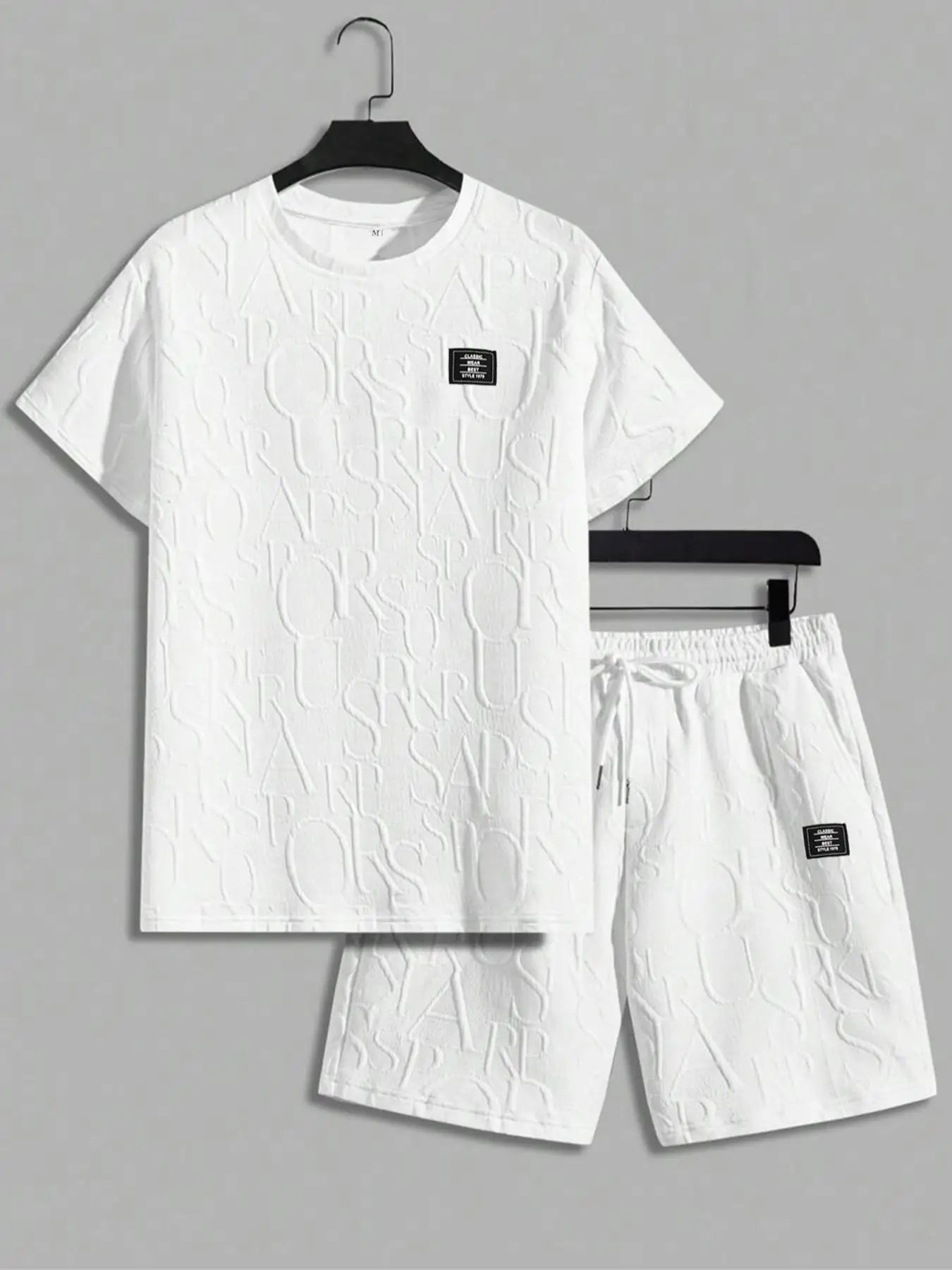 Men's Textured Letter Patched Round Neck Tee & Drawstring Shorts Two-Piece Set Regular Fit Casual Short Sleeve T shirt & Shorts