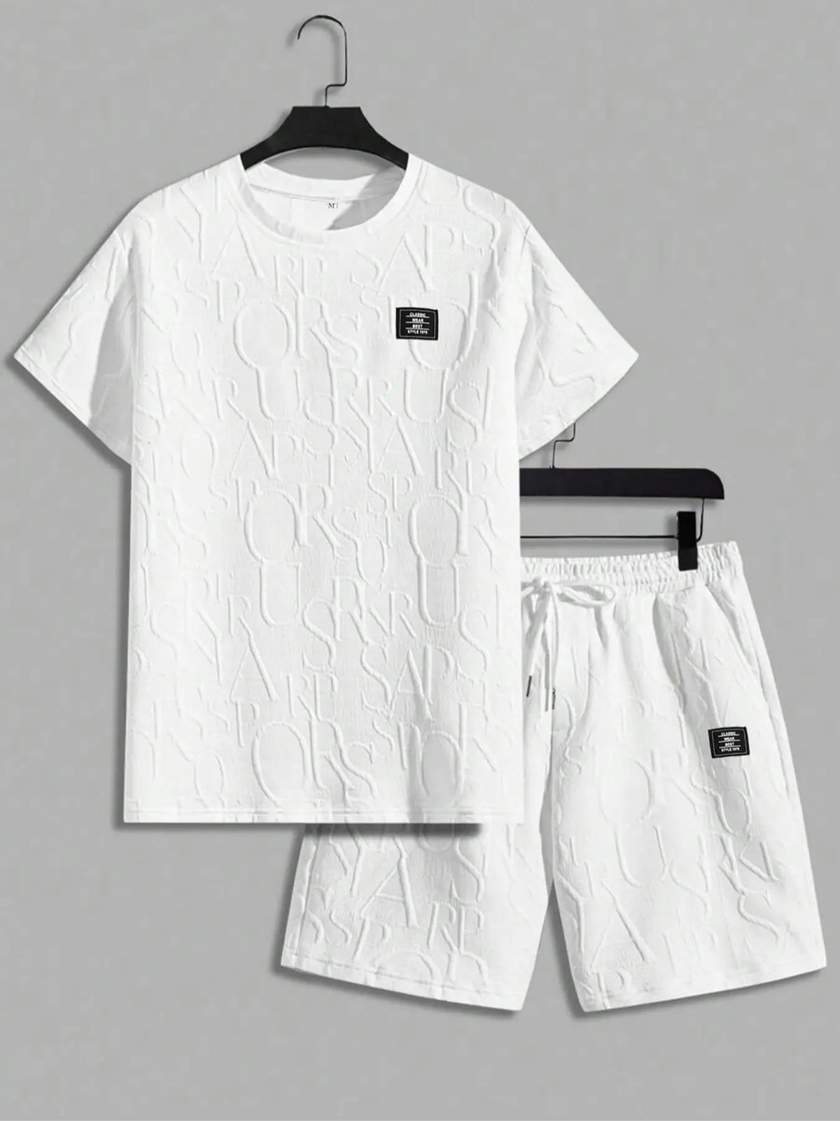 Men's Textured Letter Patched Round Neck Tee & Drawstring Shorts Two-Piece Set Regular Fit Casual Short Sleeve T shirt & Shorts