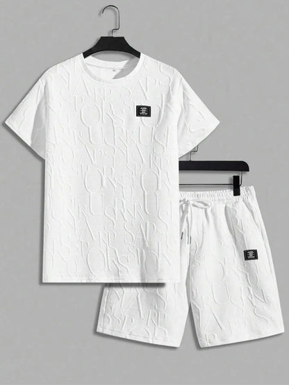 Men's Textured Letter Patched Round Neck Tee & Drawstring Shorts Two-Piece Set Regular Fit Casual Short Sleeve T shirt & Shorts