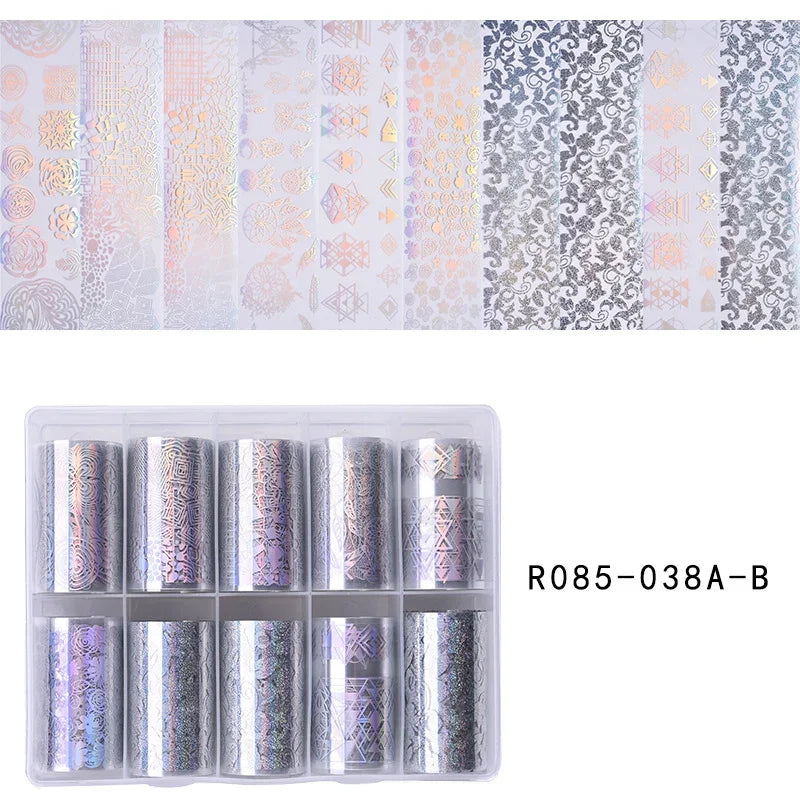 10 Patterns New Metal Nail Foils for Transfer Paper Stickers Floral Chameleon Nails Wraps DIY Water Marble Nail Art Decorations