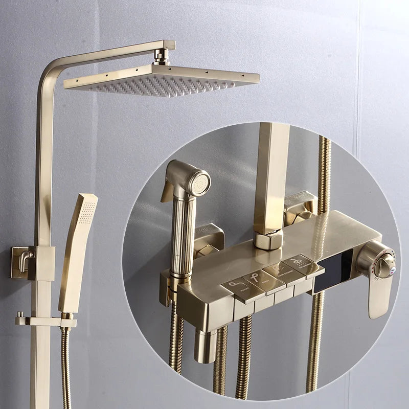 Gold Piano Digital Display Bathroom Shower Set Brass Bathroom Faucet Accessories Thermostatic Digital Bathroom Shower System