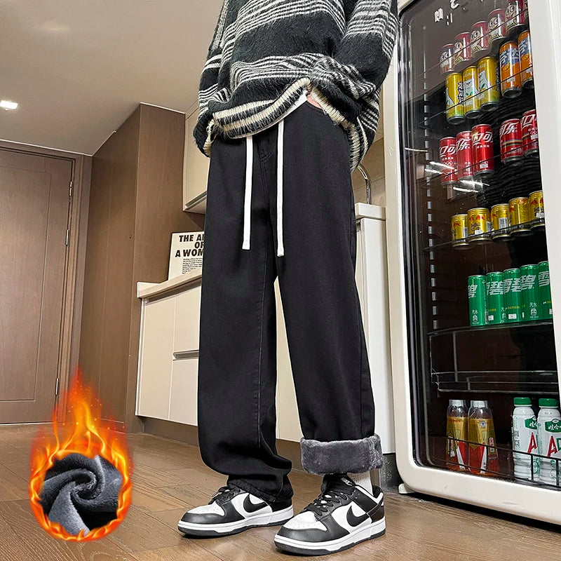 Men's Thicke Fleece Straight Jeans Winter Velvet Thermal Nostalgia Washing Denim Pants Streetwear Elastic Waist Loose Trousers