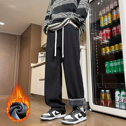 Men's Thicke Fleece Straight Jeans Winter Velvet Thermal Nostalgia Washing Denim Pants Streetwear Elastic Waist Loose Trousers