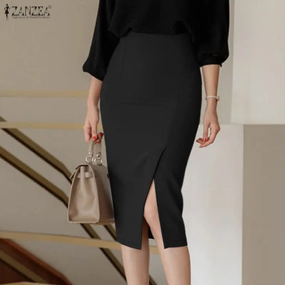 ZANZEA Women's High Waist Pencil Midi Skirt Office Lady Elegant Side Split Bodycon Skirts Casual Solid Color Woman Bottoms S-3XL