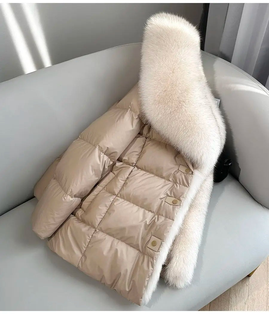 High end Faux Fox fur detachable Large Lapel fur Down Jacket For women 2025 Winter New Medium long Loose White goose Down Coats