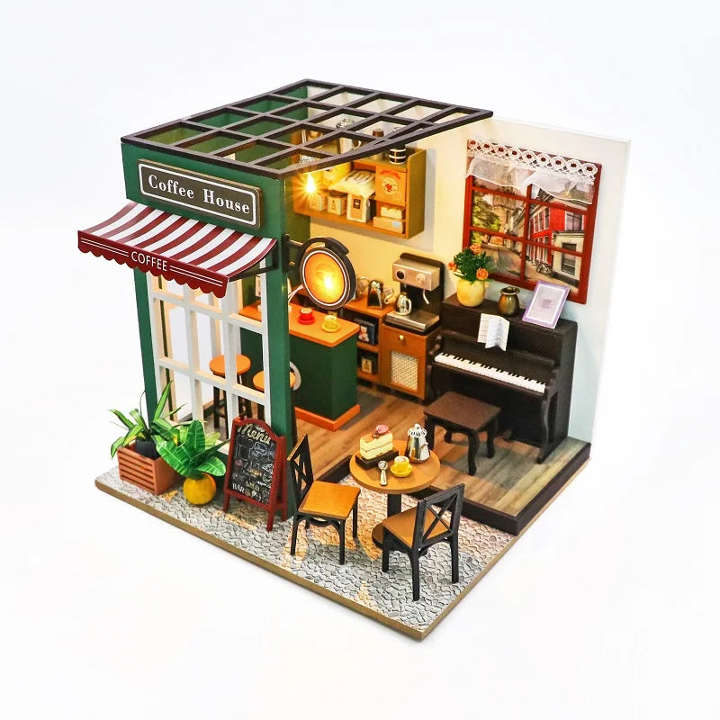 DIY 3D Puzzles Wooden Toy Miniature Dollhouse Handmade Doll House Model Building Kits Coffee House Toys For Xmas Gifts